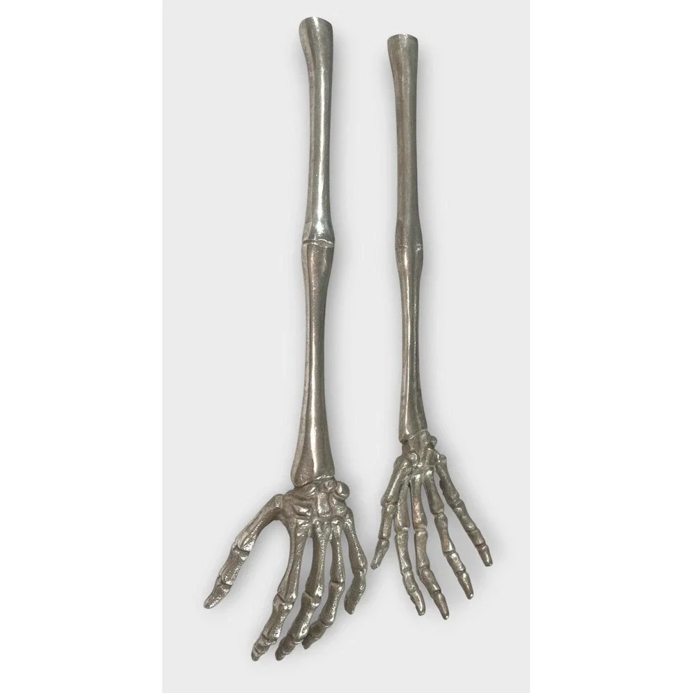 Vtg Skeleton Hand Salad Servers Cast Metal Gothic Halloween Oddity Flatware Pair